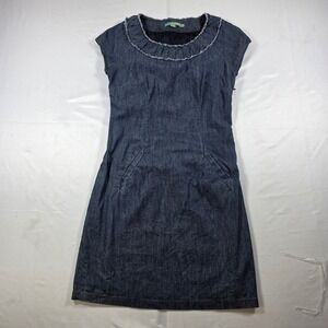 Boden Denim Shift Dress Blue Indigo Pleated Neck Cap Sleeve Pockets Size US 4R